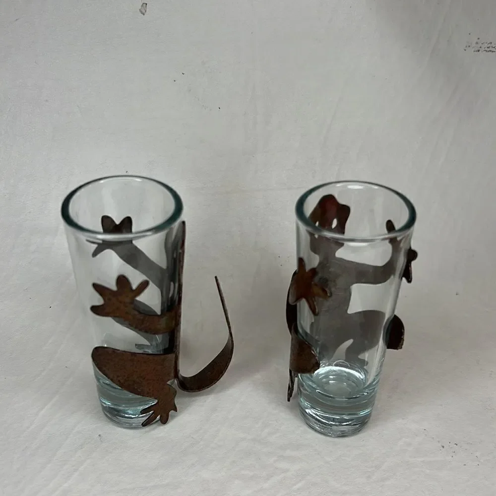 Kokopelli Lizard Gecko Reptile Metal Wrapped Shot Glass Tail Handle Set  Of 2